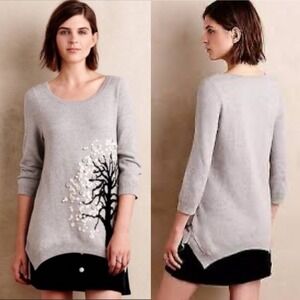 Anthro / HWR Monogram Wool Blend Cute as a Button Tree Split Hem Sweater - XS